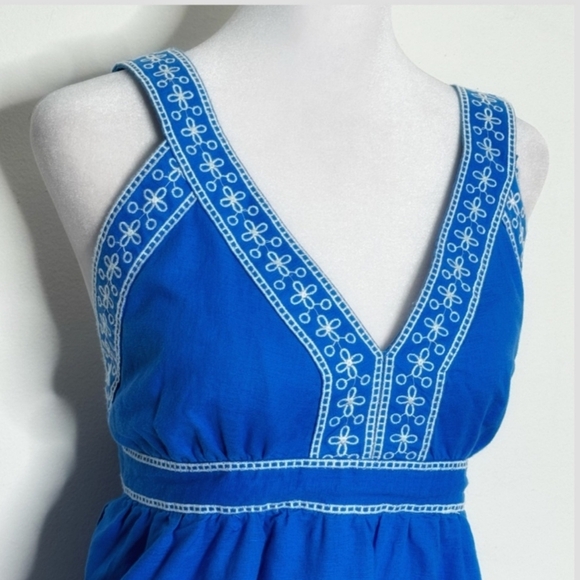 J Crew Dress Maxi Length Sleeveless Royal Blue White Eyelet Detail Linen Cotton - Picture 5 of 12
